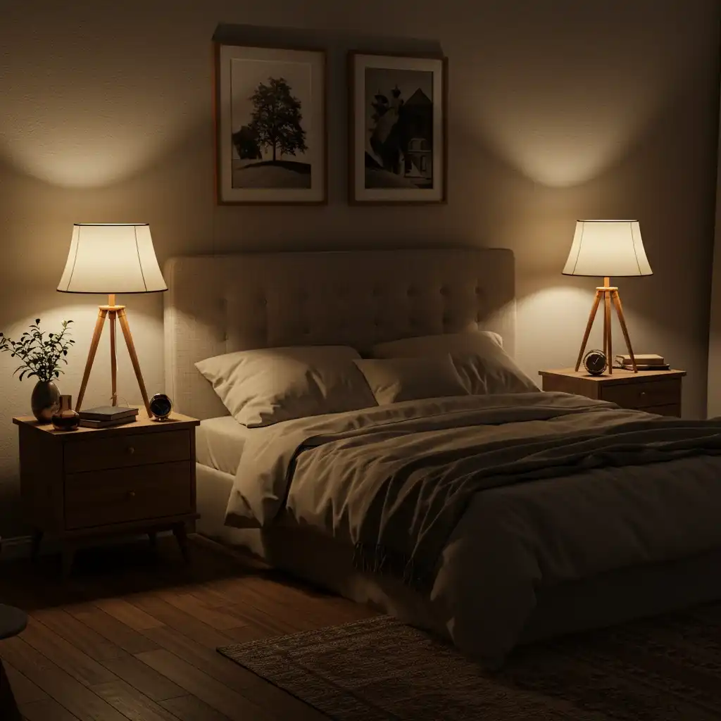 A cozy neutral bedroom at night, illuminated by the warm, soft glow of bedside lamps.