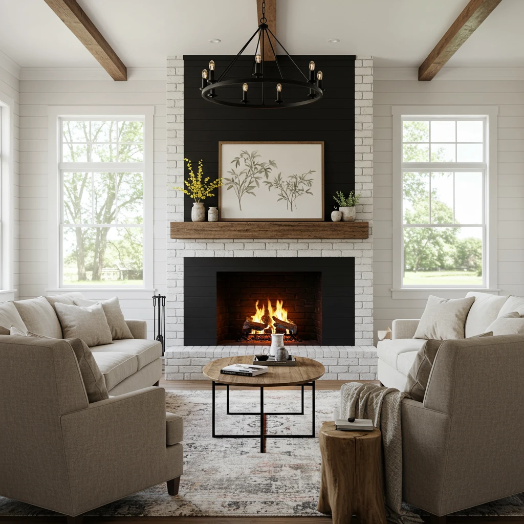 A Joanna Gaines-style living room with a clear focal point created by a beautifully styled fireplace.