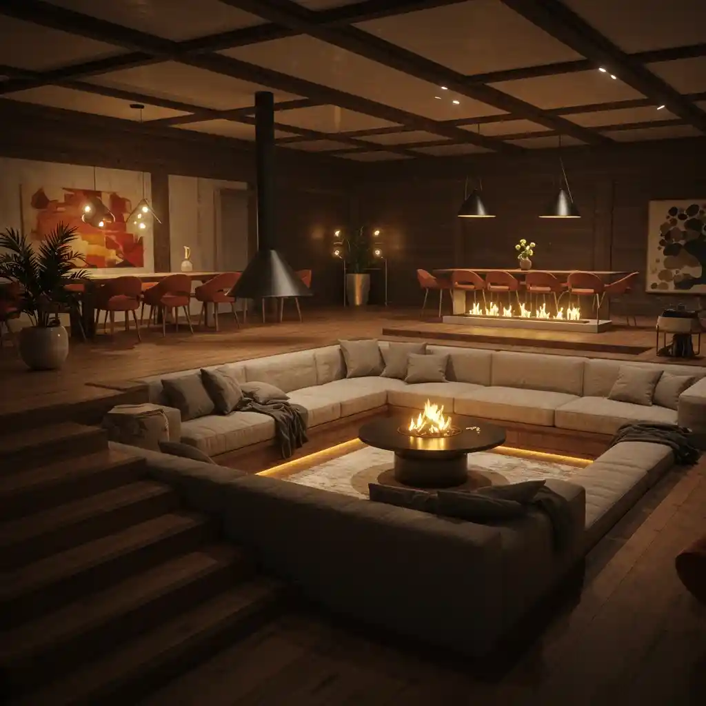 A big living room made cozy with a stylish, sunken conversation pit with built-in seating.
