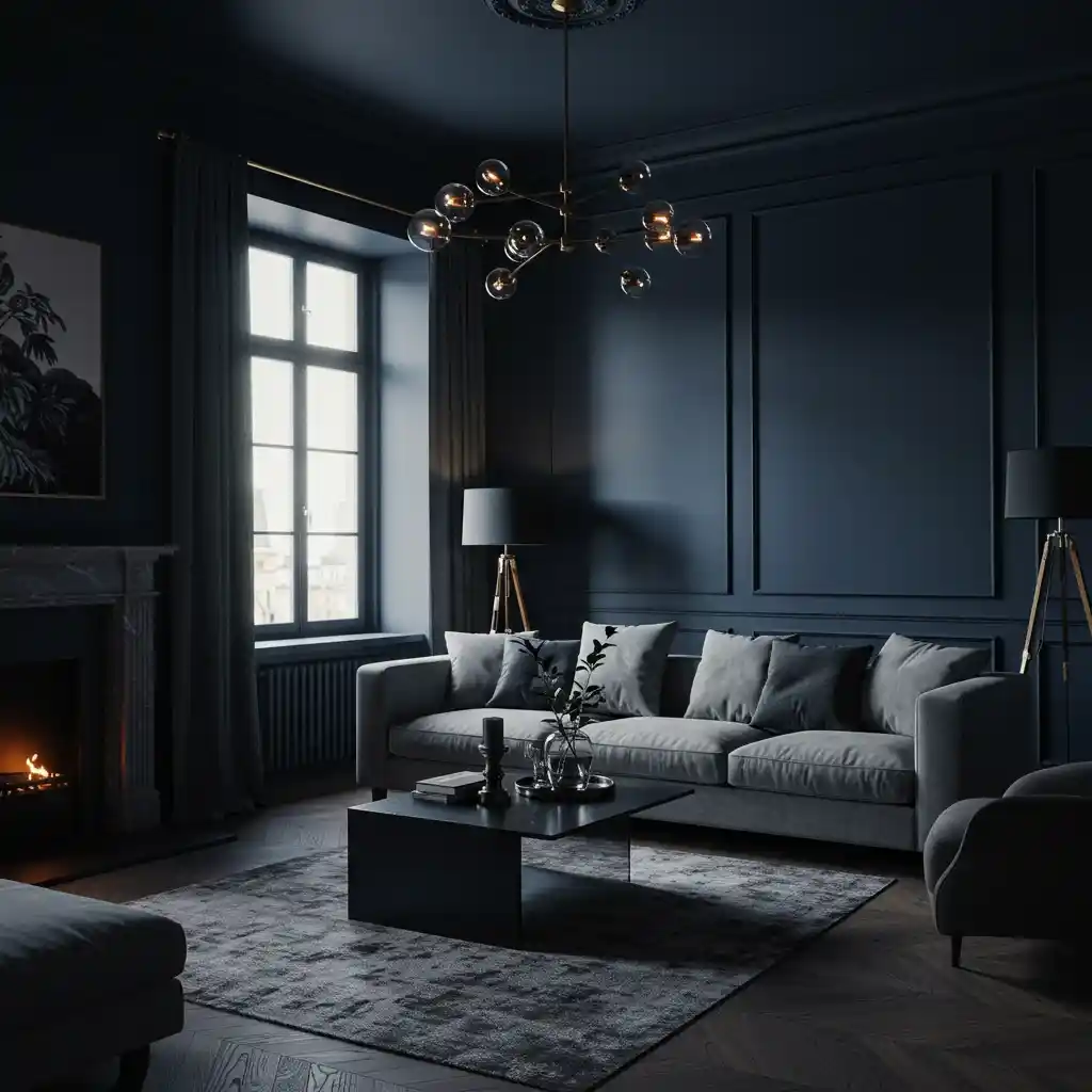 A big living room idea using dark, moody, navy blue paint on the walls to create a cozy and intimate feel.