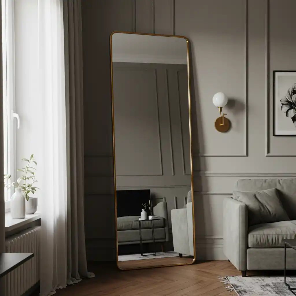 A large, leaning floor mirror in a small apartment living room, used to create an illusion of space and reflect light.