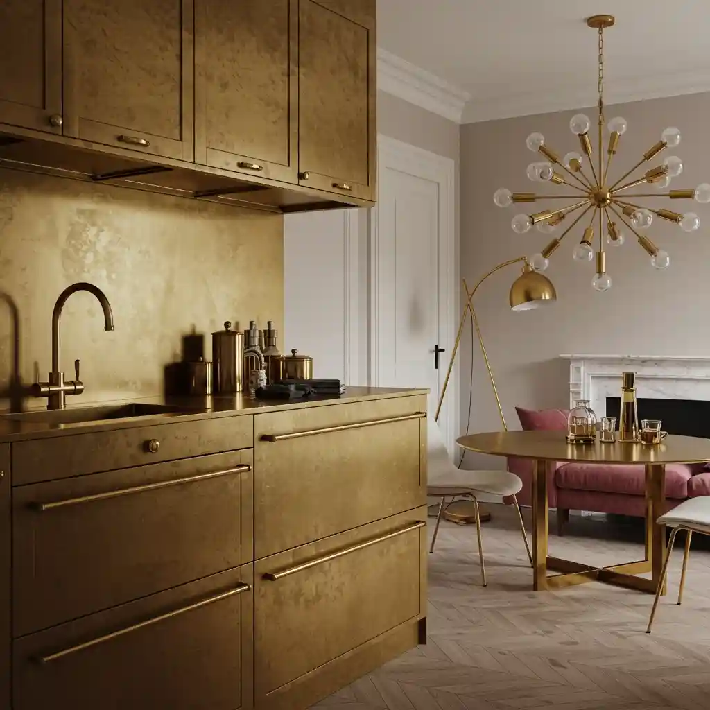 A cohesive open living room and kitchen with repeated brushed brass metal finishes on hardware and fixtures.