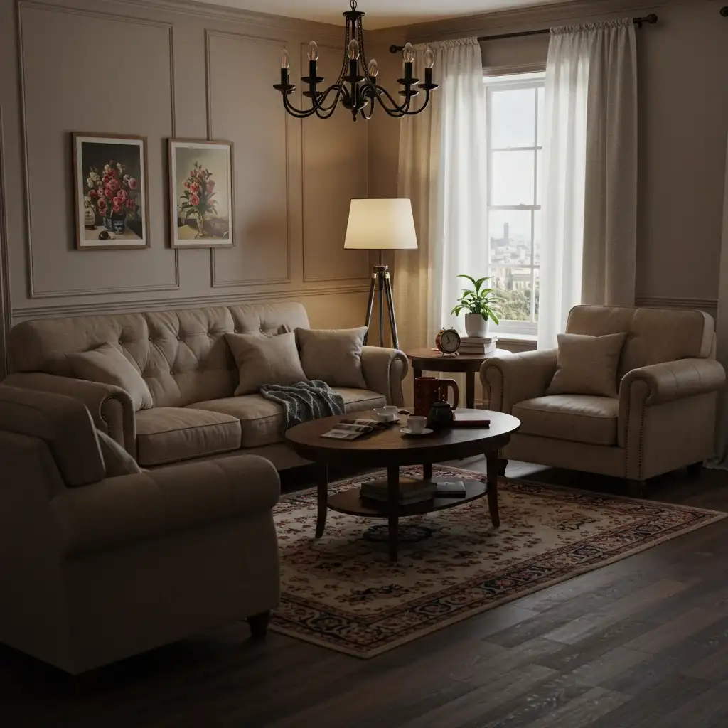 A cozy living room with furniture arranged in an intimate conversation group away from the walls.