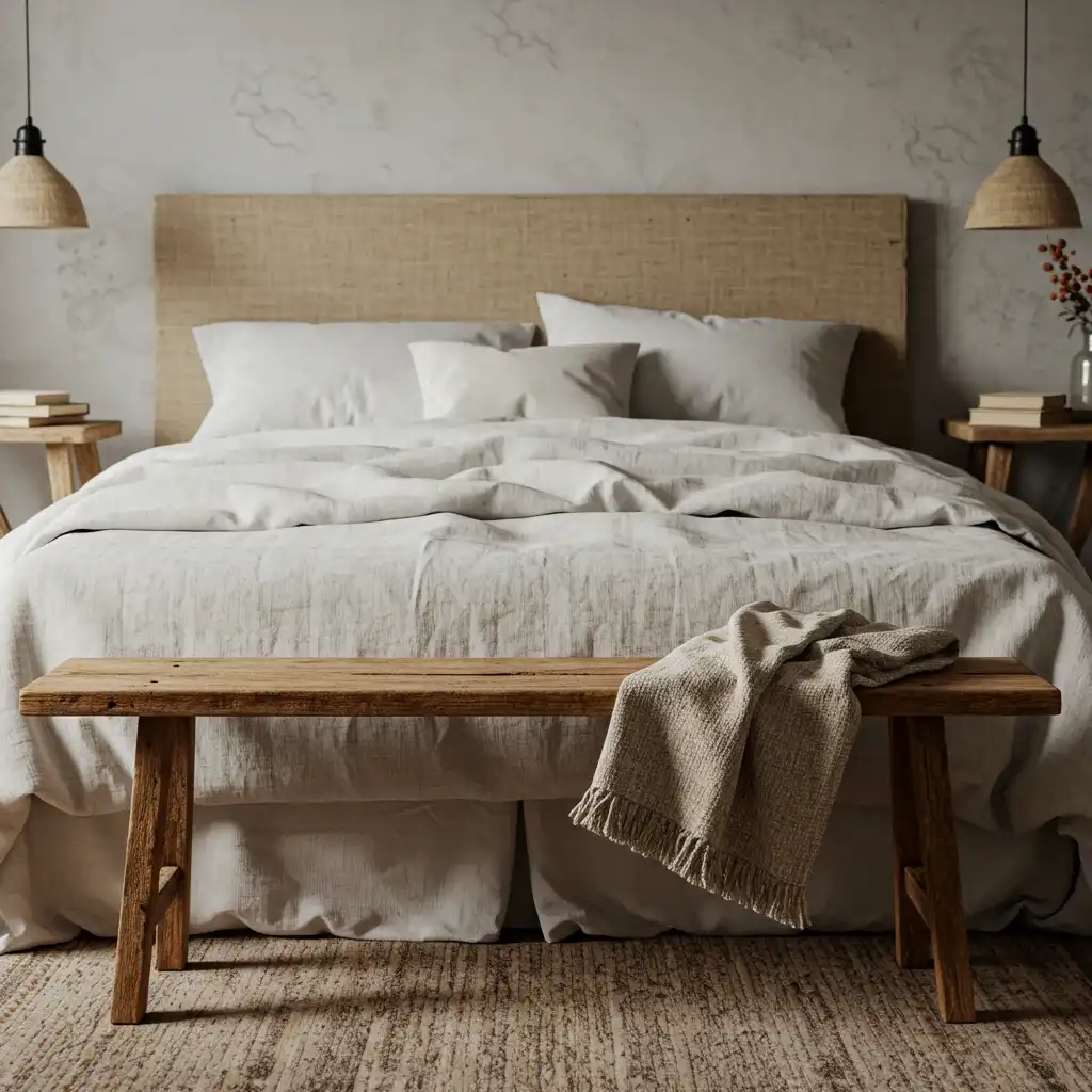 A rustic, warm wood bench placed at the foot of a bed in a neutral fall bedroom to add warmth and texture.