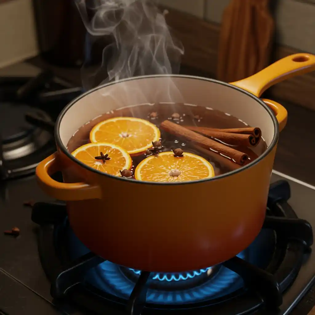 A charming autumn simmer pot with oranges and cinnamon sticks simmering in a saucepan on a stove.