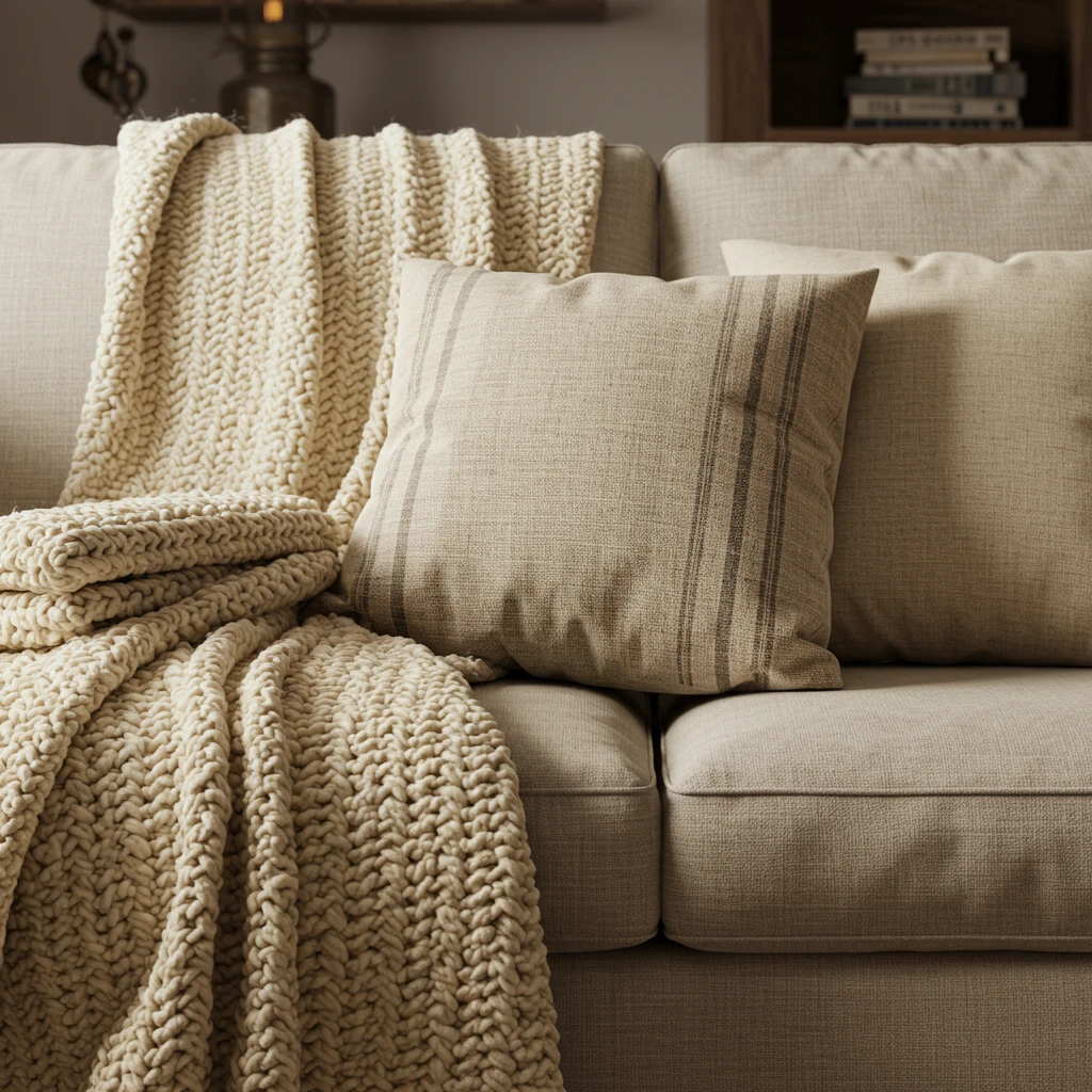 A cozy living room with a Joanna Gaines-inspired mix of layered, natural textiles like a knit throw and a grain sack pillow.