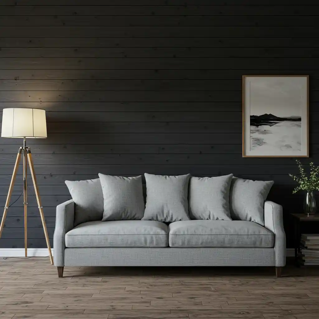 A modern rustic living room featuring a dramatic, charcoal gray shiplap accent wall.