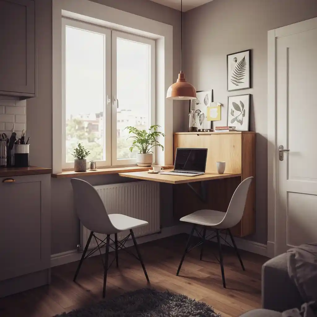 A multi-functional dining nook in a one-bedroom apartment that also serves as a workspace.