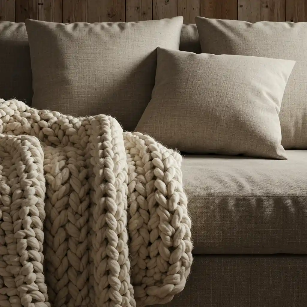 A cozy display of soft, natural, and textural textiles, including a chunky knit blanket and linen pillows.