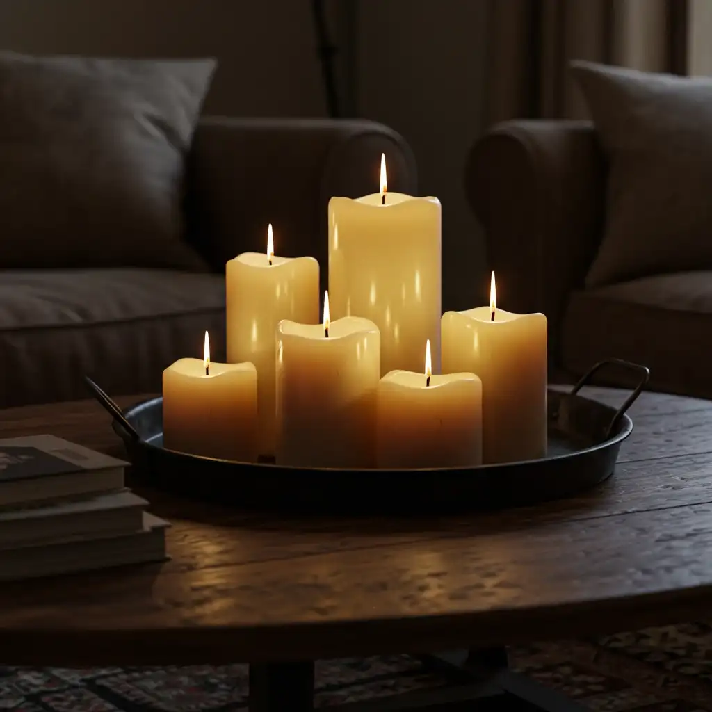 A cozy living room vignette with a group of lit, flickering pillar candles on a dark metal tray, creating a warm ambiance.