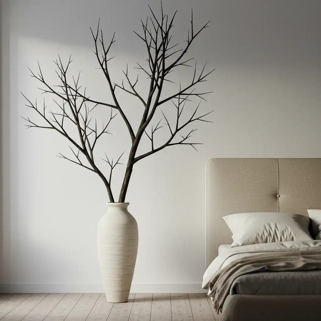 A large, sculptural, foraged tree branch in a tall vase used as minimalist, neutral fall decor in a bedroom.