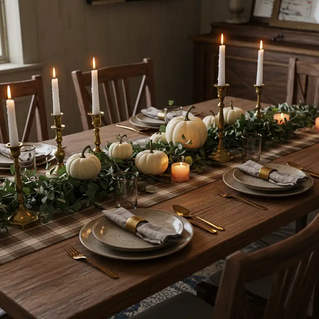 A charming and rustic autumn tablescape with a plaid runner, eucalyptus garland, and pumpkins.