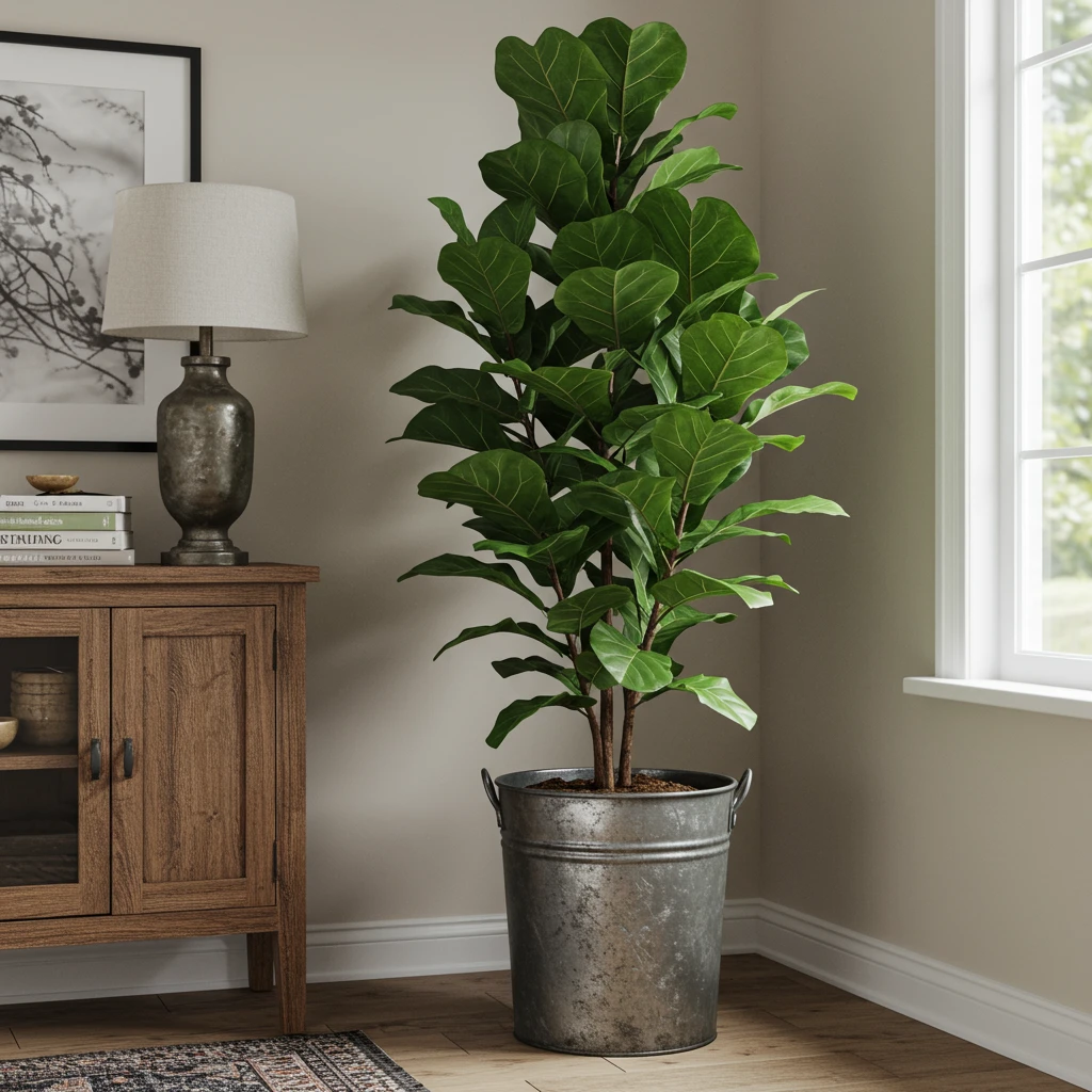 A large Fiddle Leaf Fig tree planted in a vintage, galvanized metal olive bucket, a classic Joanna Gaines decor idea.