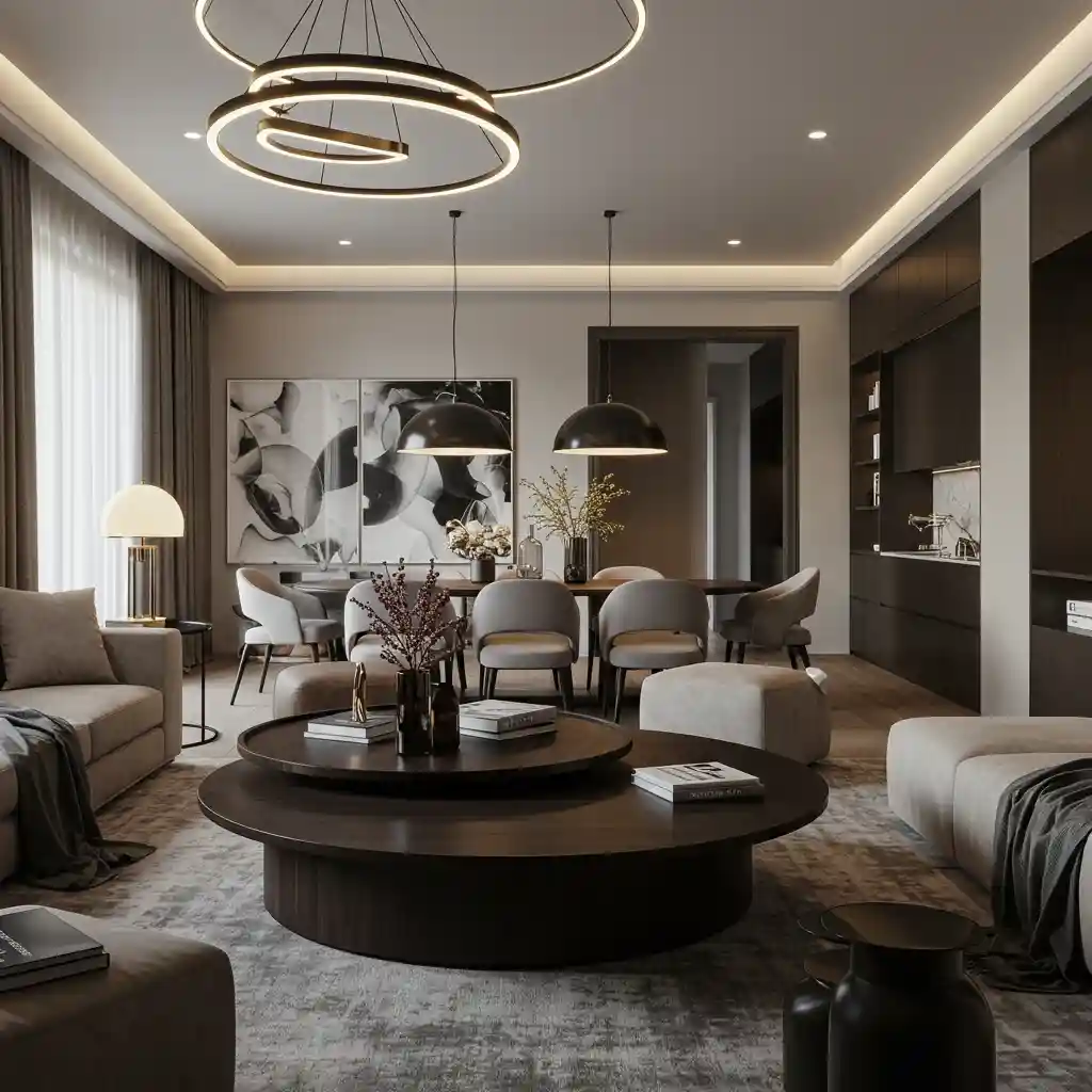 A modern open living room using a round coffee table and a round dining table to soften the space.