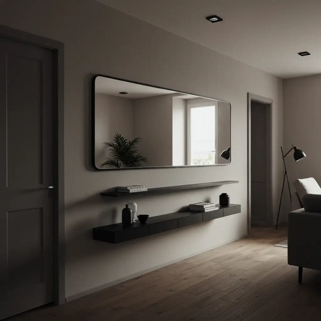 A long, narrow living room using a large, horizontal mirror on a long wall to create an illusion of width.