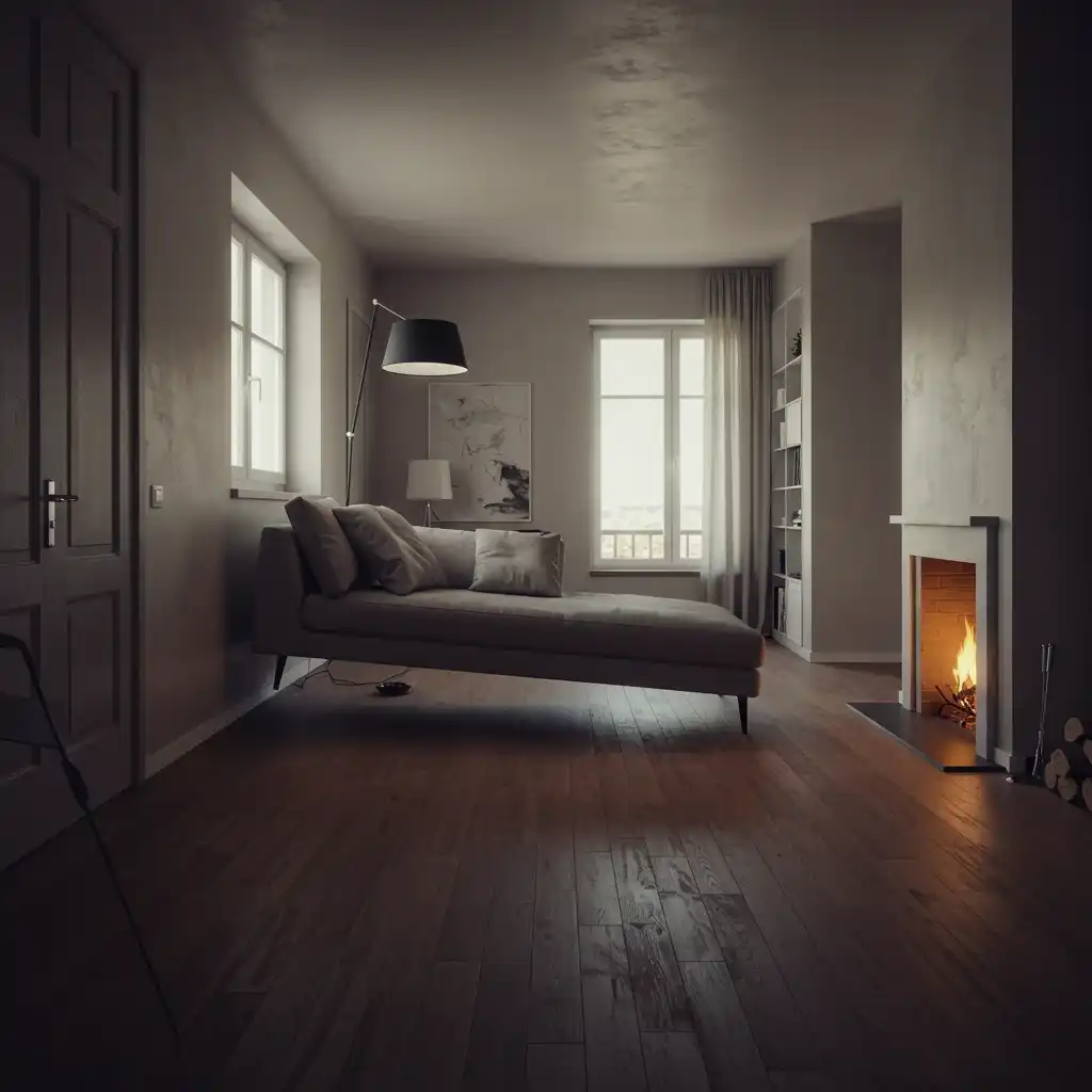 A smart layout for a long room featuring a sofa placed perpendicular to the long walls.