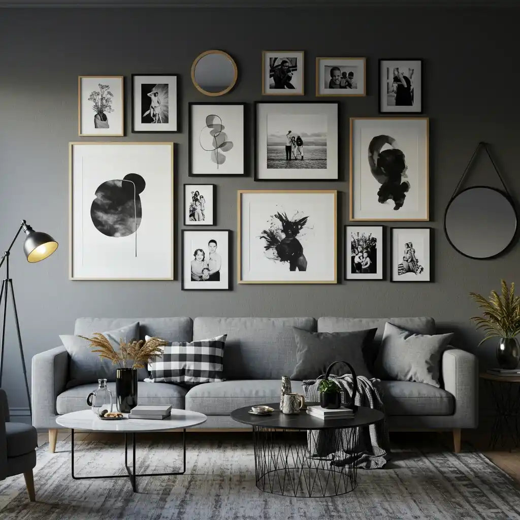 A chic living room wall decor idea featuring a curated gallery wall with a mix of art and photos.