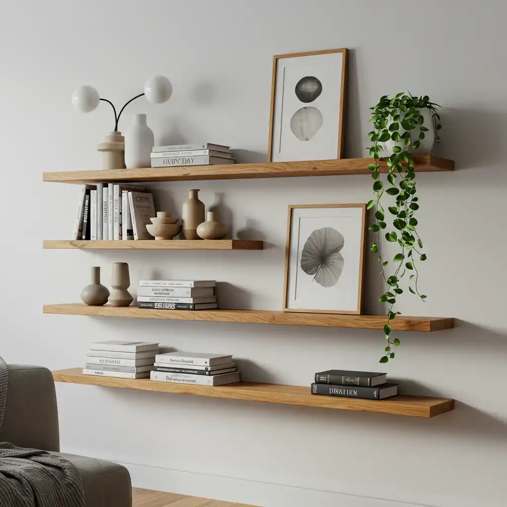 A living room wall decorated with beautifully styled, floating shelves displaying books and decor.