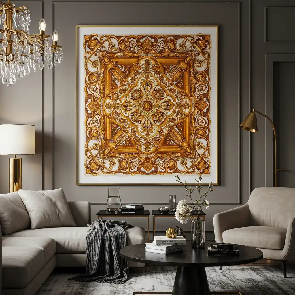 A creative wall decor idea showing a large, colorful, vintage silk scarf framed as a piece of art.