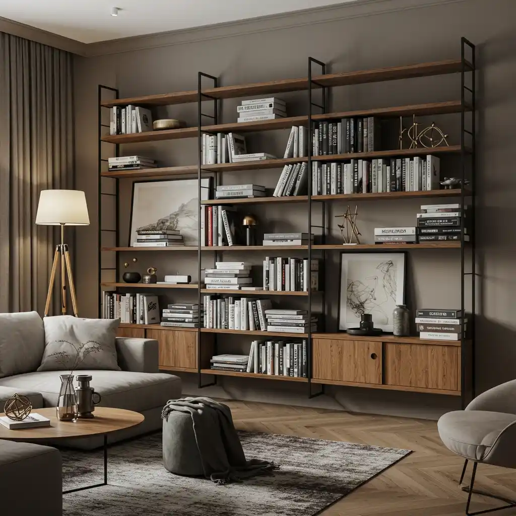 A living room with a large, wall-mounted bookcase system used as a functional and decorative feature wall.