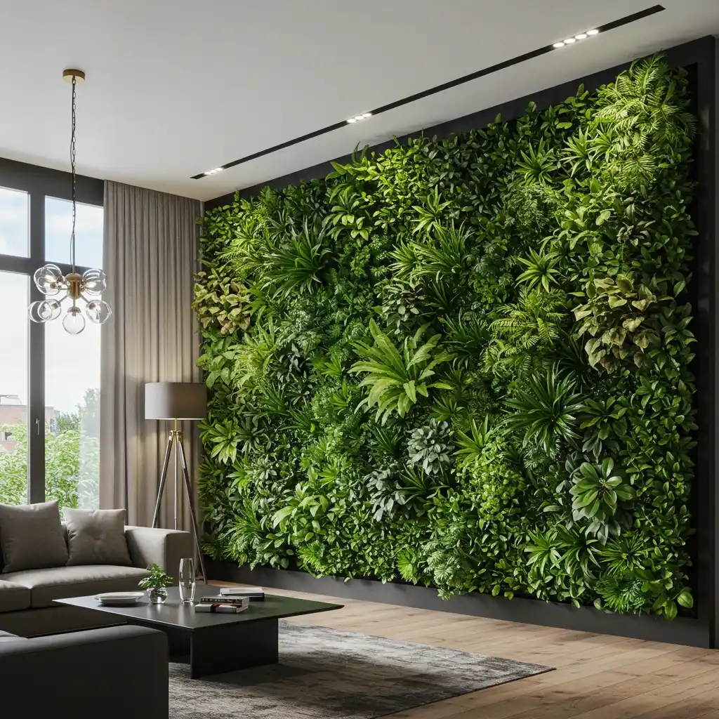 A stunning, indoor vertical garden, or "living wall," used as a dramatic and unique piece of living wall decor.