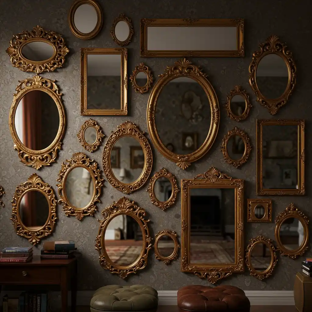 A creative living room wall decor idea featuring a gallery wall of collected, mismatched, vintage mirrors.