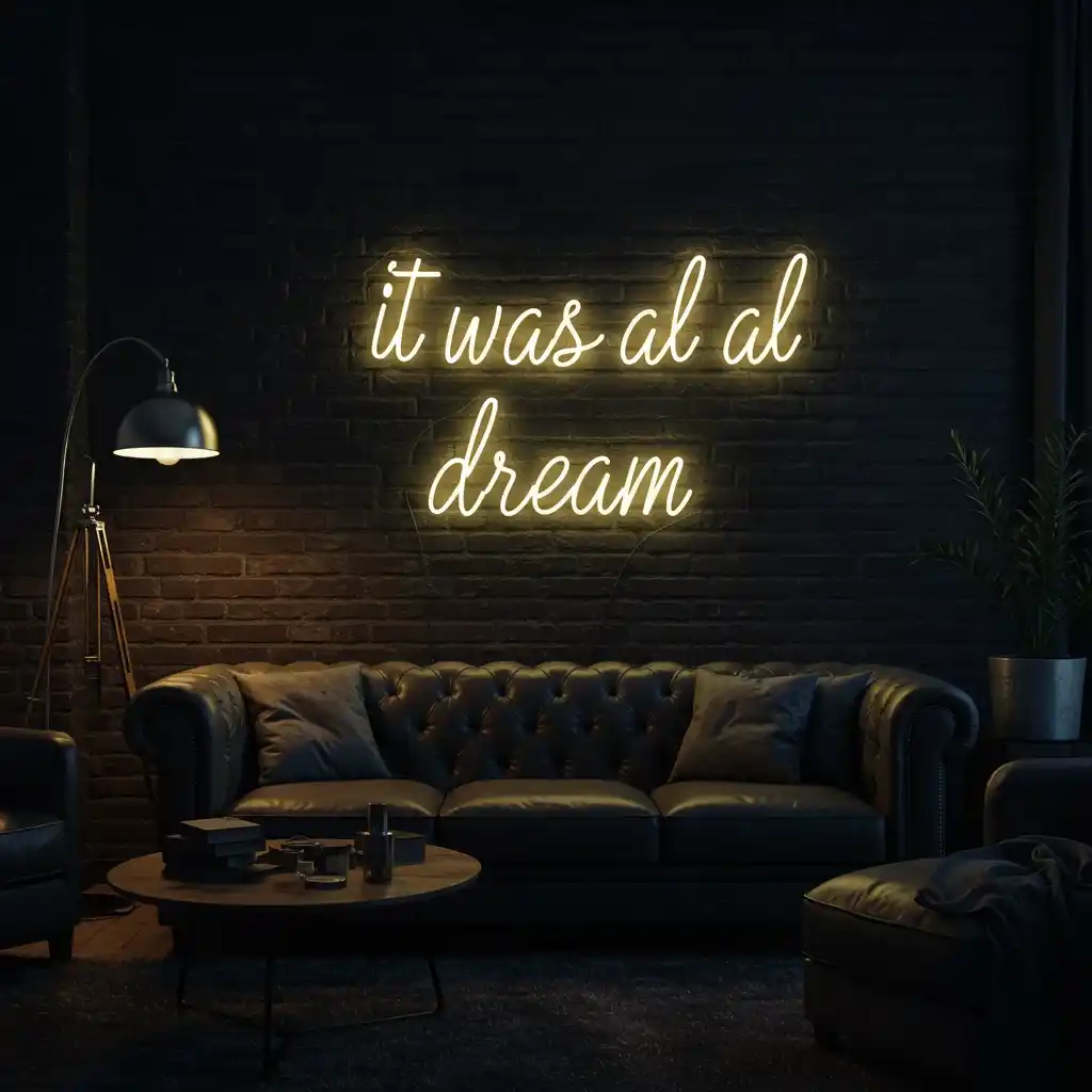 A creative and modern living room wall decor idea: a custom, glowing, white neon sign.