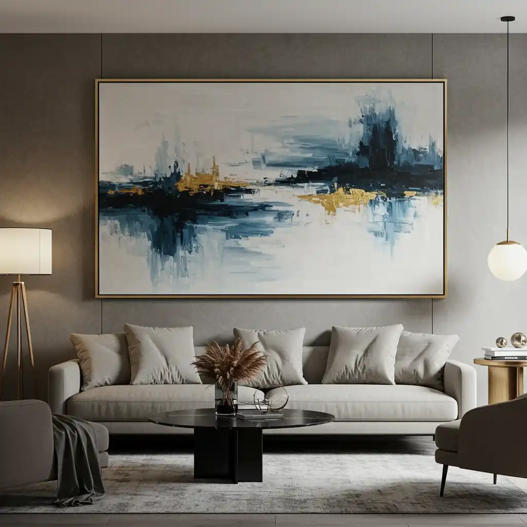 A modern living room with a single, oversized abstract painting as a statement wall decor piece.