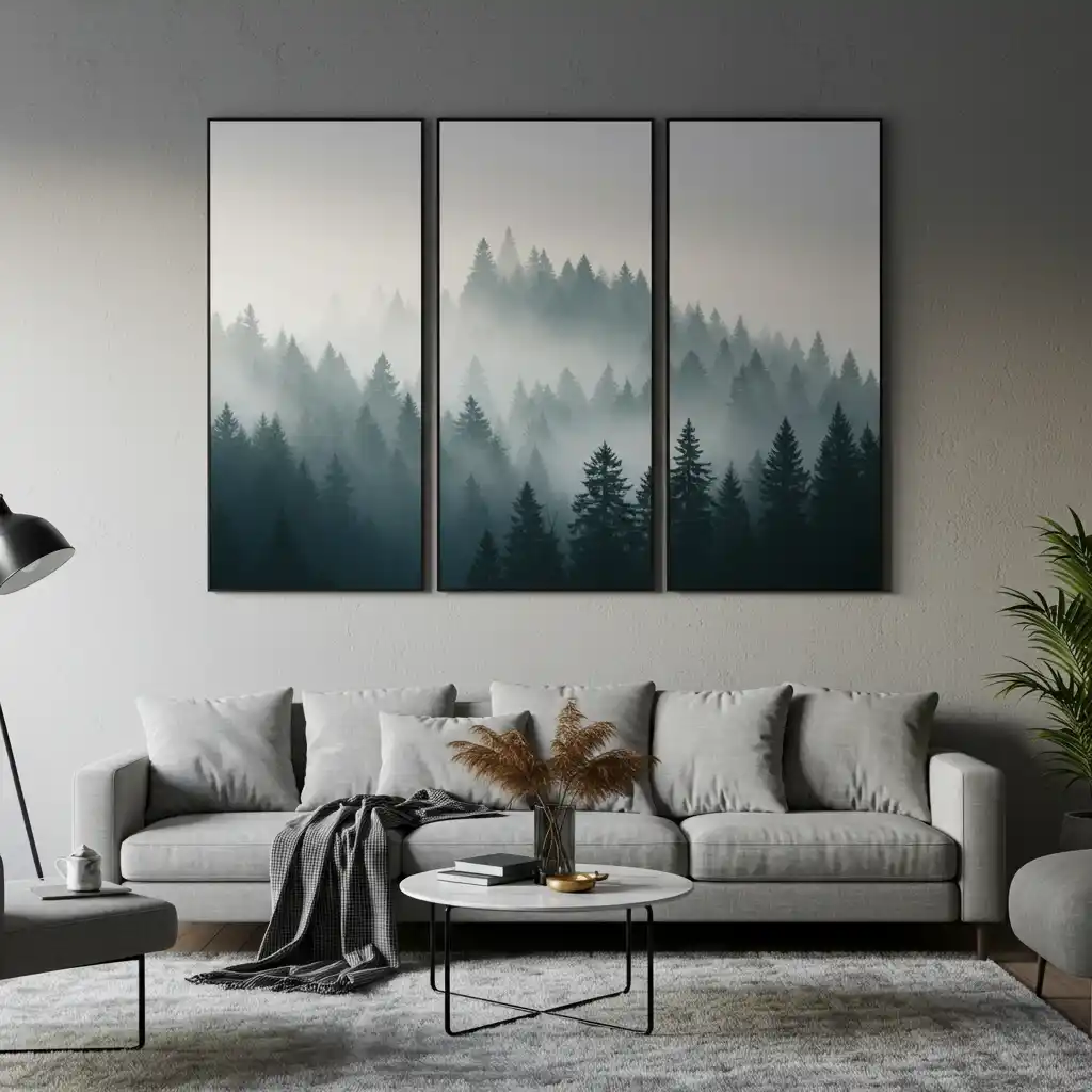 A living room wall decor idea showing a triptych of a forest landscape hanging above a sofa.