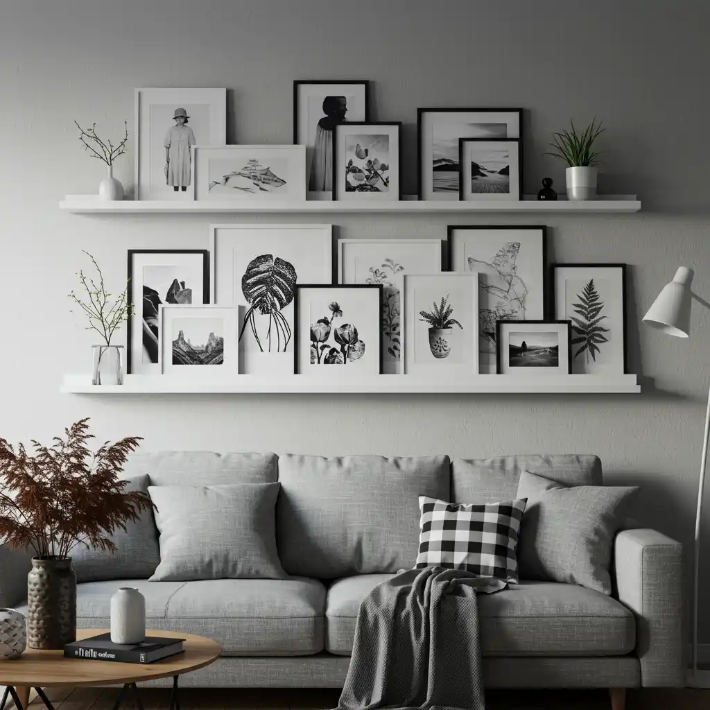 A flexible living room wall decor idea using floating picture ledges to display a layered collection of art.