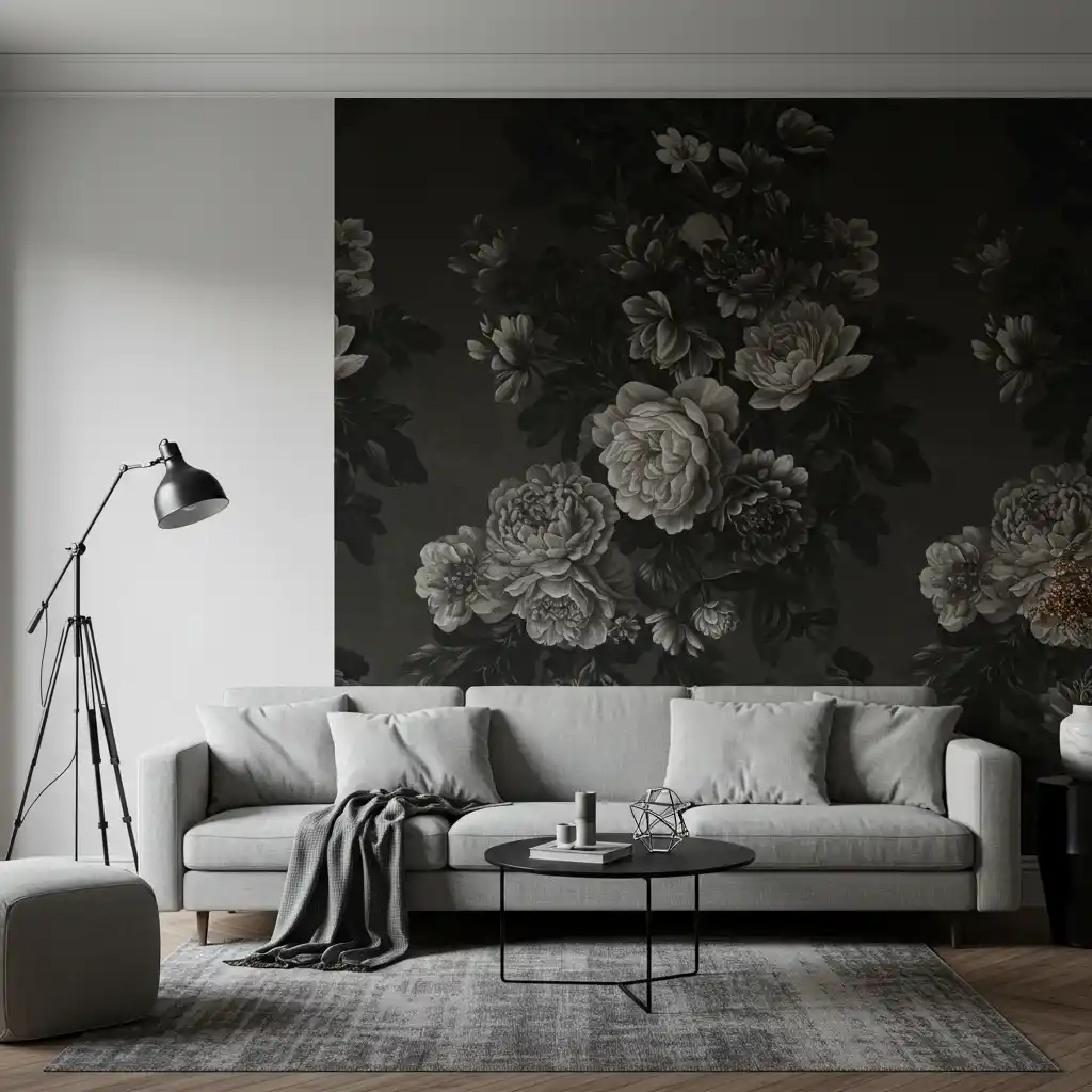 A living room with a bold, floral wallpaper accent wall behind the sofa.