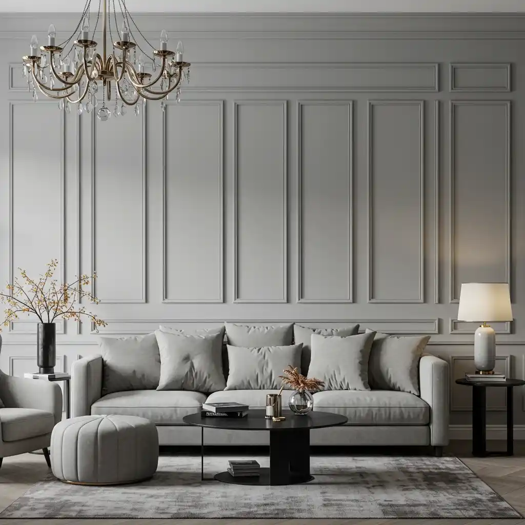 An elegant living room wall decor idea featuring architectural interest from picture frame molding.