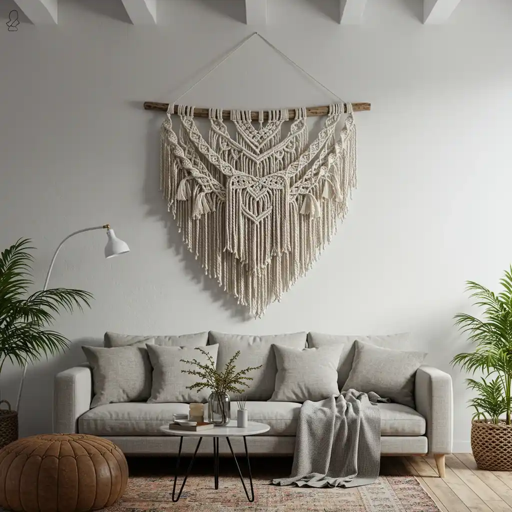A large, textural, macrame wall hanging used as a cozy and bohemian wall decor piece above a sofa.