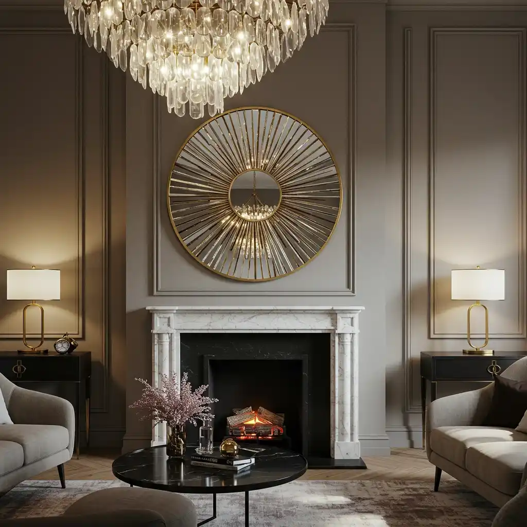 A living room wall decor idea featuring a large, round statement mirror above the fireplace.
