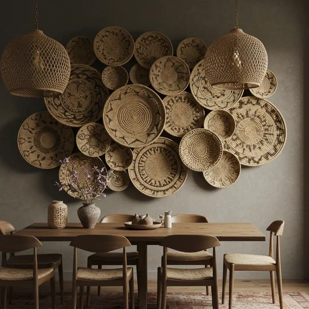 A unique living room wall decor idea: a gallery wall made from a collection of woven baskets.