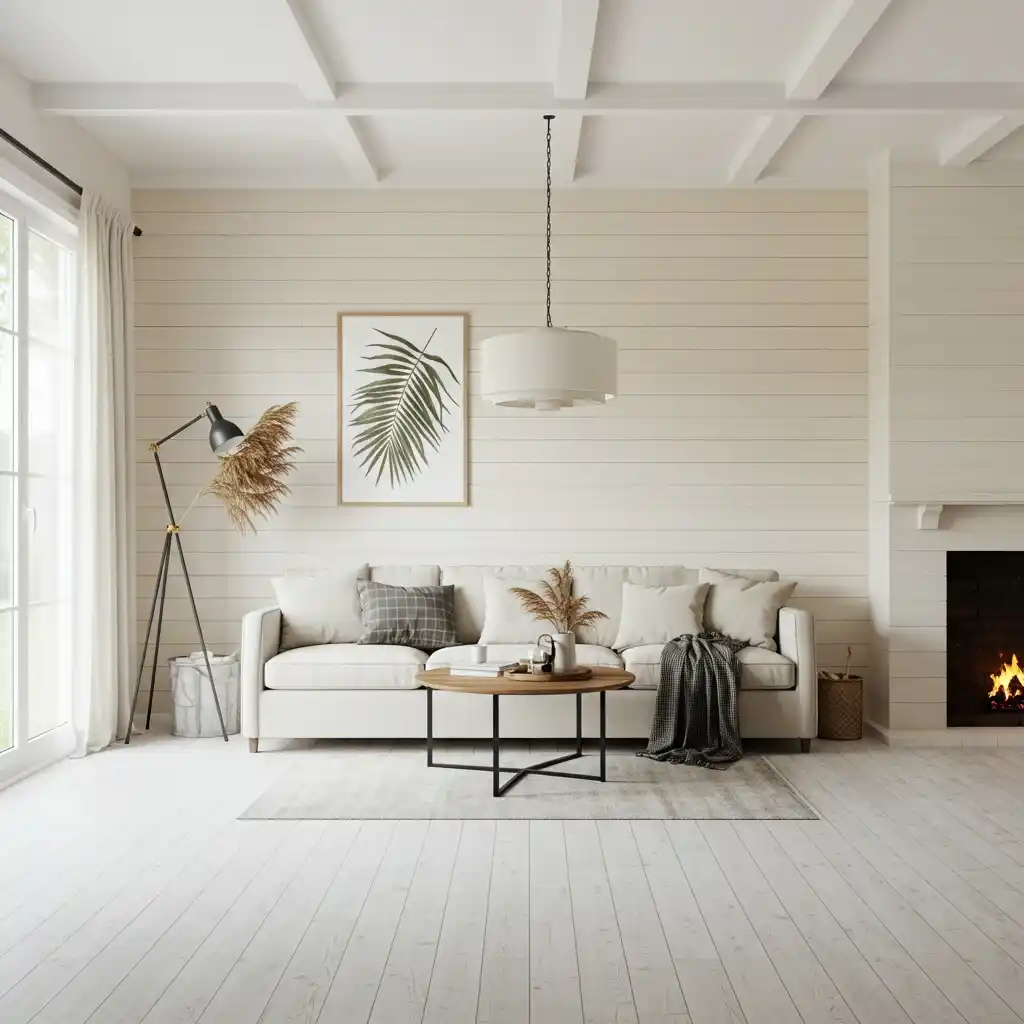 The neutral farmhouse base of a living room with white shiplap walls, ready for boho rustic decor.