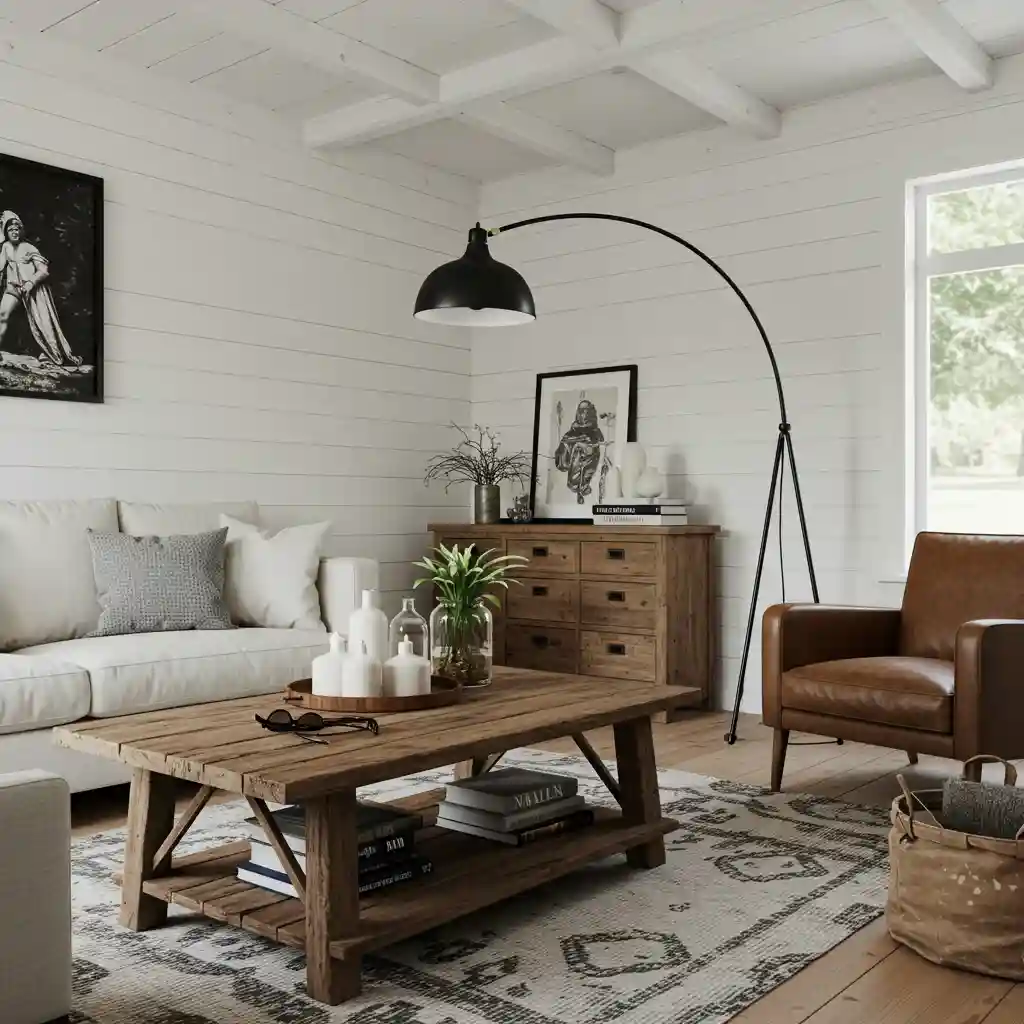 A modern rustic farmhouse living room with sleek, black metal accents in the lighting and furniture for a modern edge.