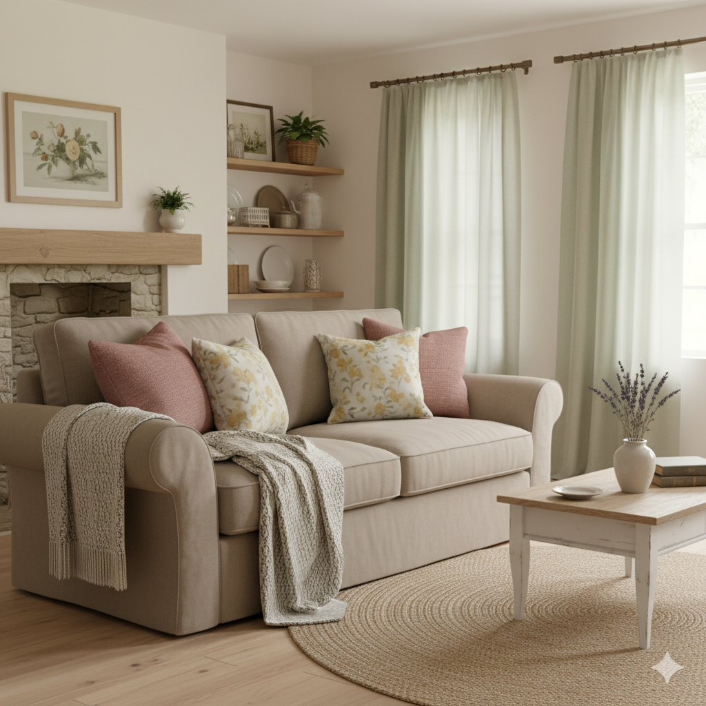 A soft and pretty cottage living room with a nature-inspired color palette of cream, sage green, and dusty rose.