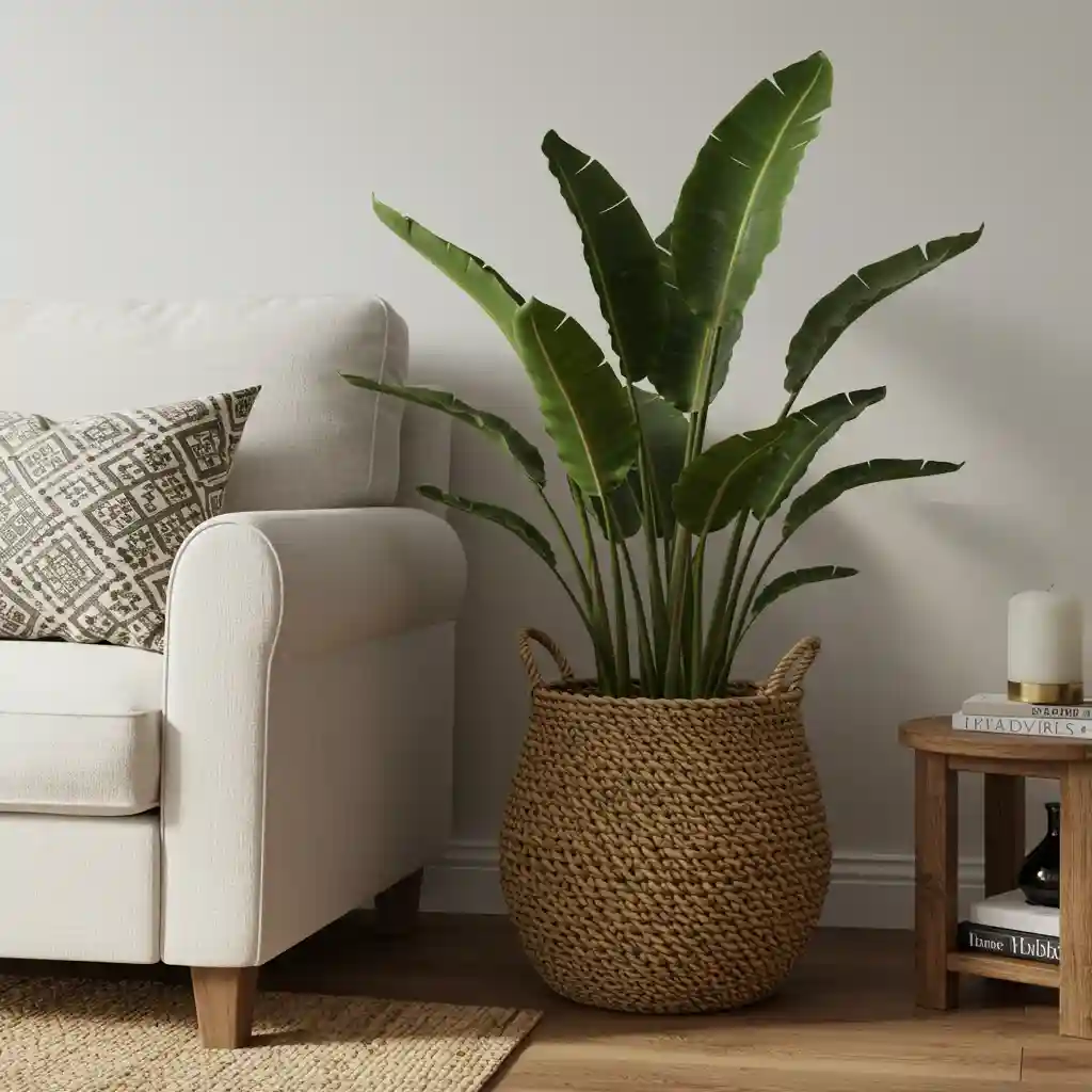 A large woven seagrass basket used as a stylish planter for a houseplant in a boho rustic living room.
