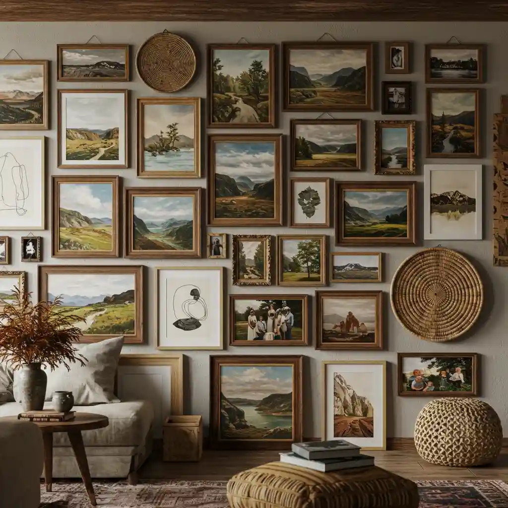 An eclectic, "collected" gallery wall with a mix of art, photos, and objects in a boho rustic home.