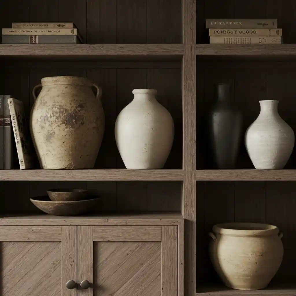 A curated collection of mixed vintage and modern pottery on a bookshelf in a modern rustic home.