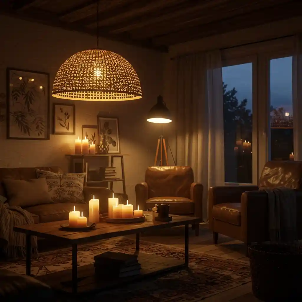 A cozy, boho rustic living room with a layered lighting scheme from a woven pendant and warm lamps.