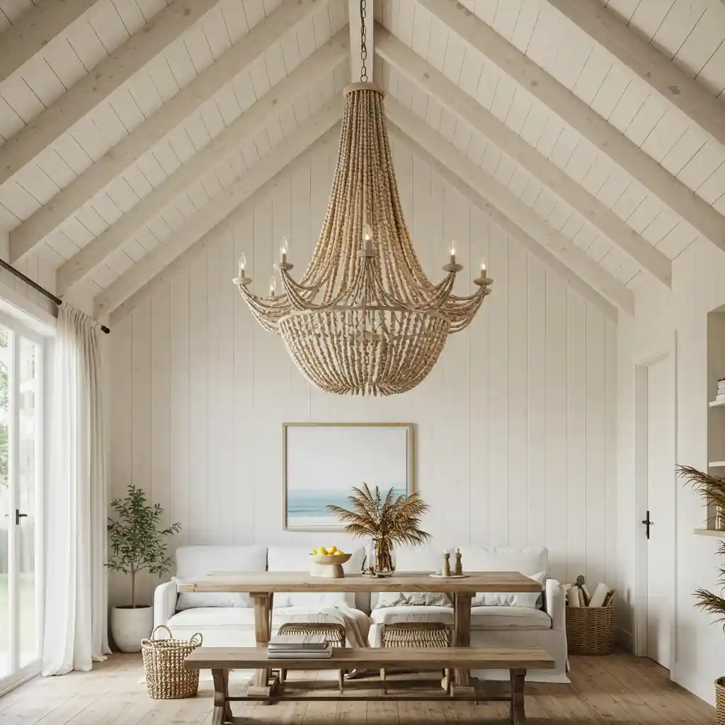 A large, beautiful, wooden beaded chandelier used as a statement piece in a boho rustic farmhouse living room.