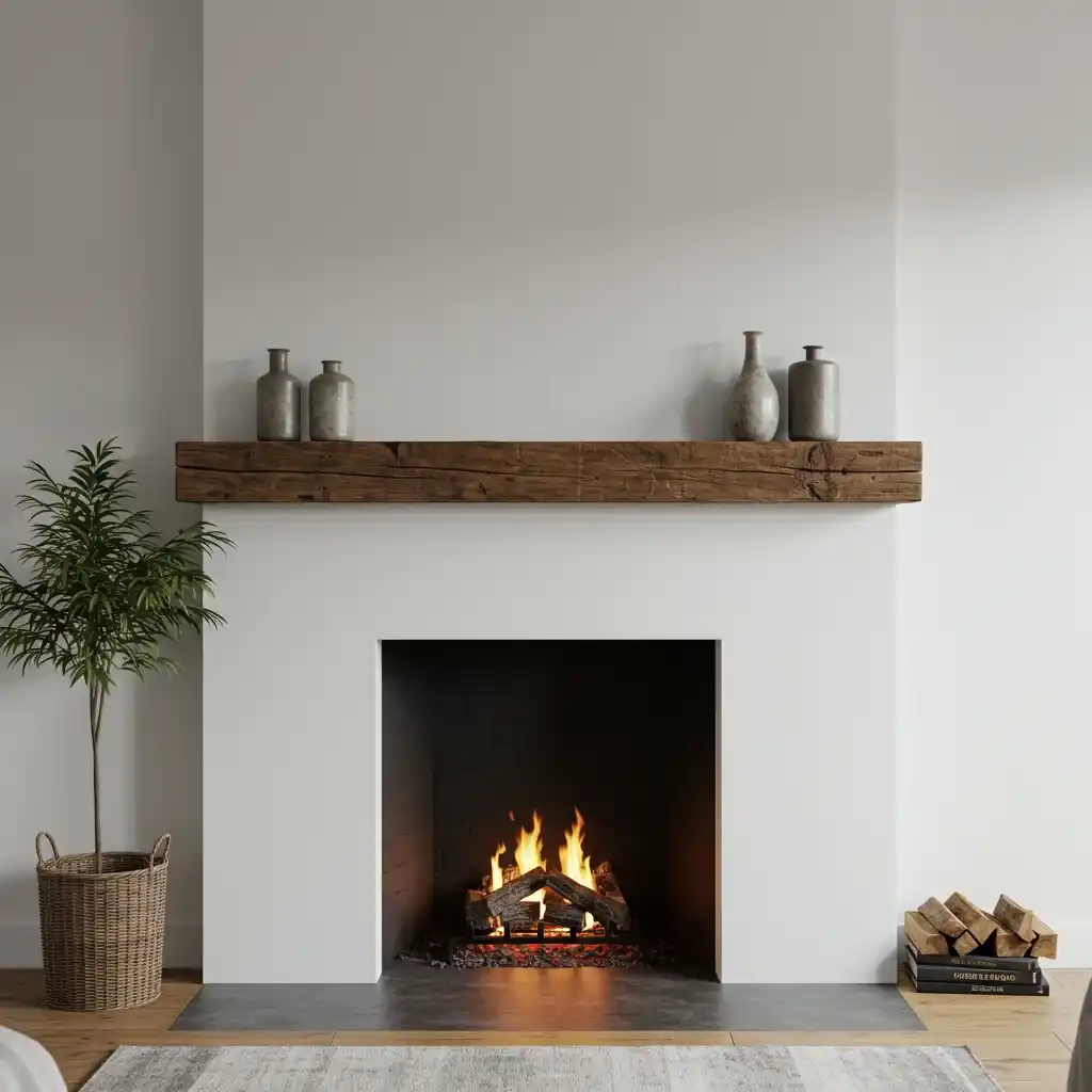 A rustic, reclaimed wood beam used as a fireplace mantel in a modern rustic farmhouse living room.