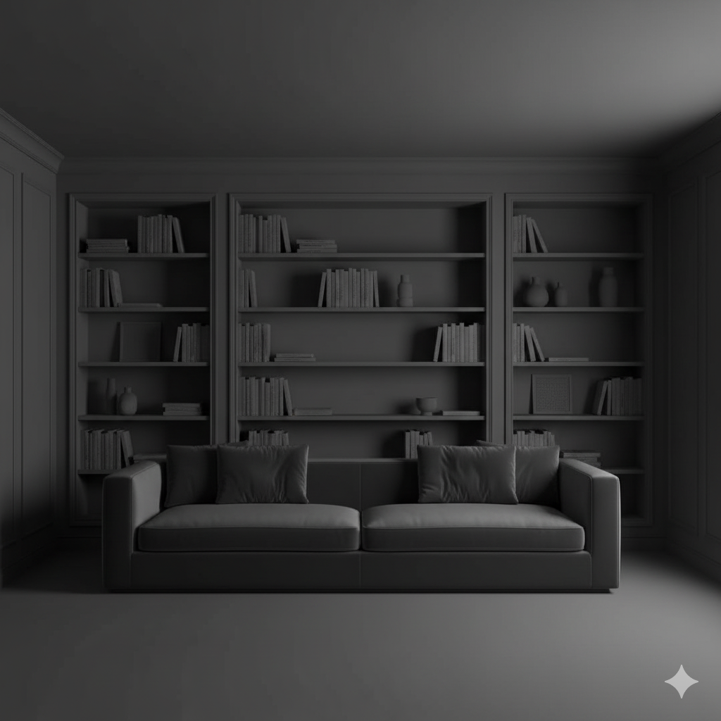 A sophisticated, color-drenched living room with the walls, trim, and ceiling all painted a deep charcoal gray.