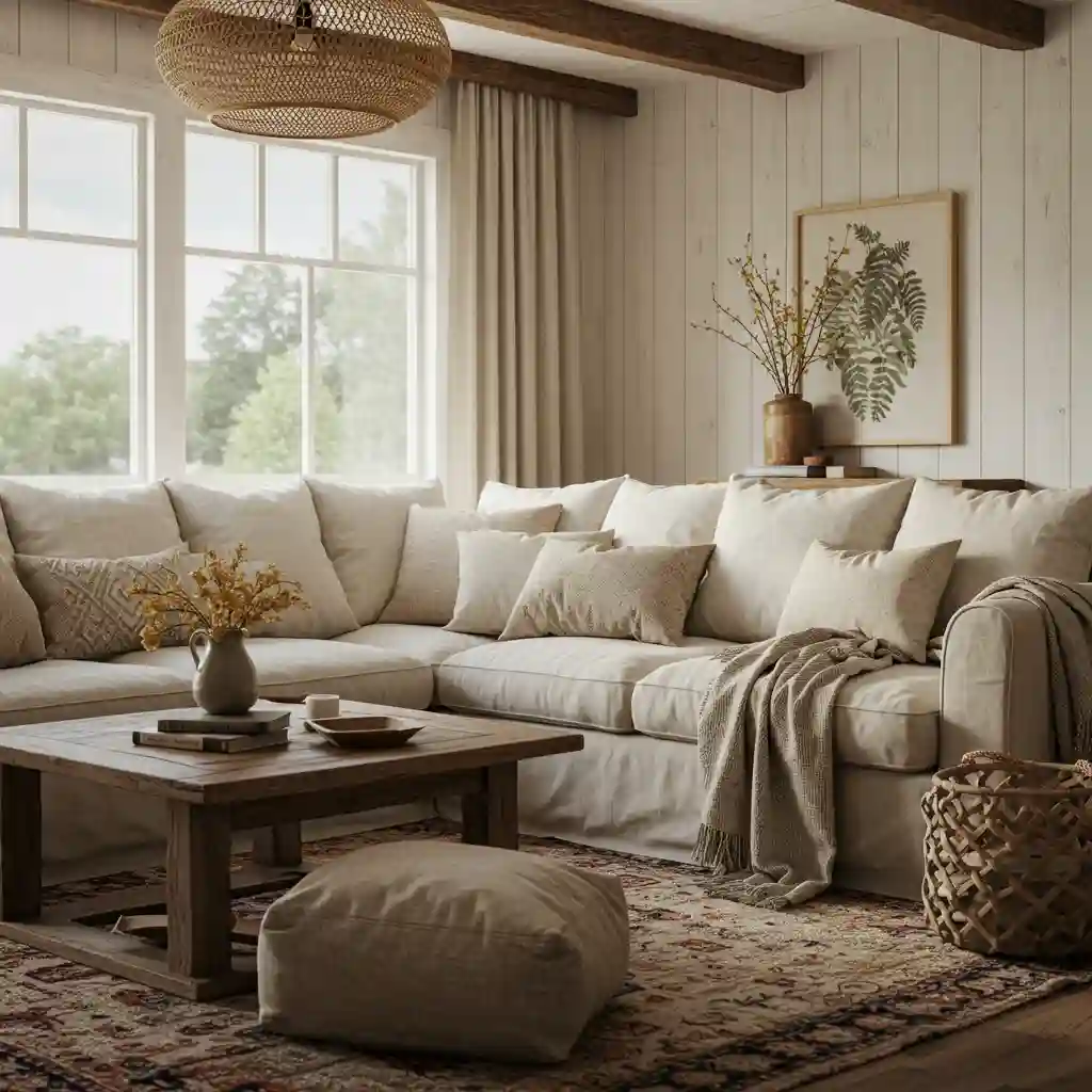 A comfortable, neutral, slipcovered sofa serving as the foundation in a boho rustic farmhouse living room.
