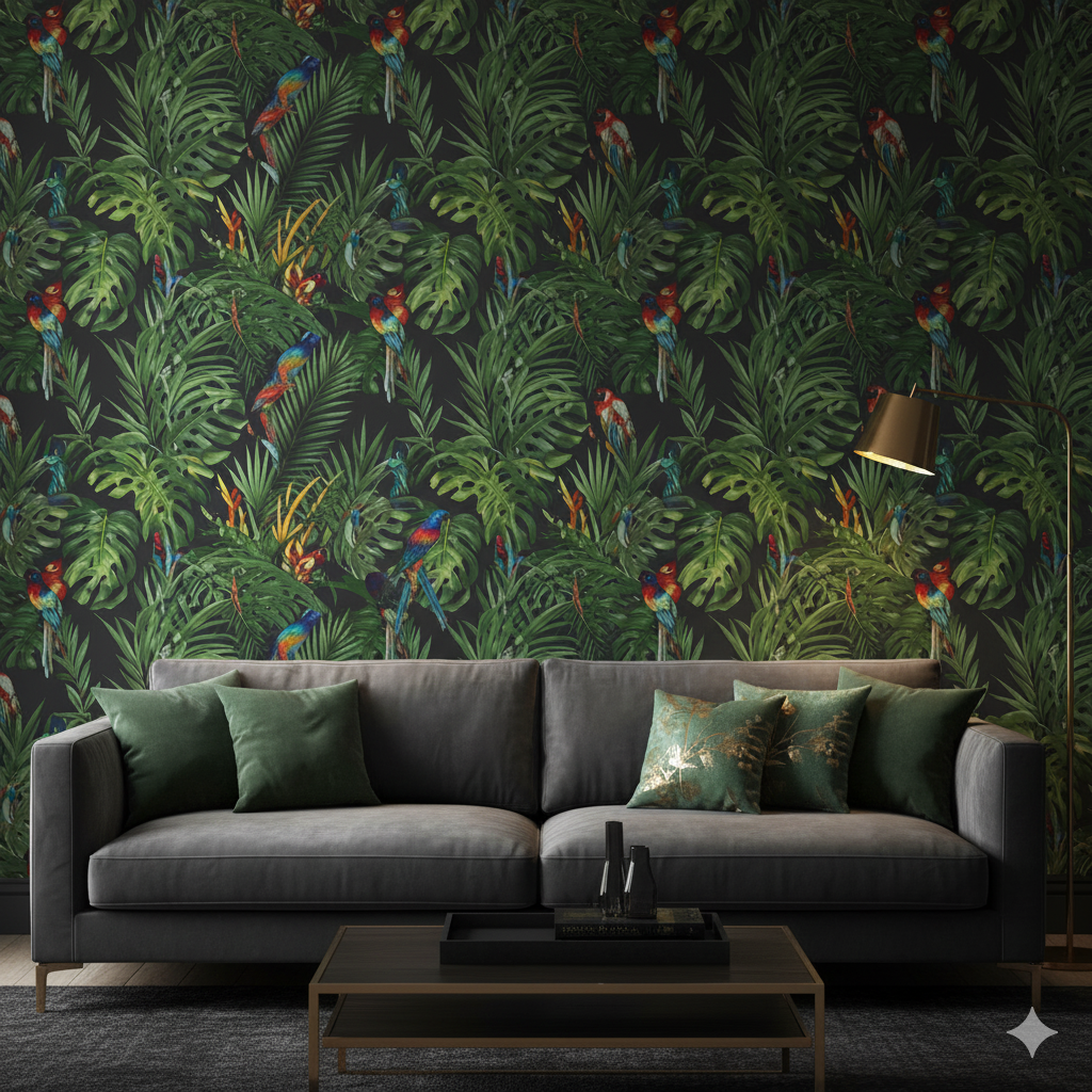A moody living room with a dramatic, large-scale, dark botanical wallpaper accent wall.