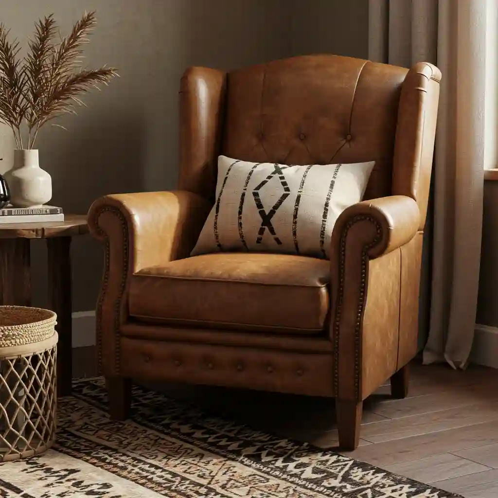 A warm and worn, cognac leather armchair adding a rustic, sophisticated touch to a boho farmhouse living room.