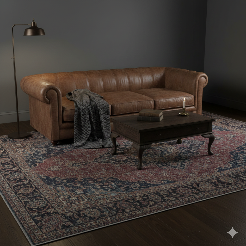 A dark, patterned, vintage-style Persian area rug grounding the seating area in a moody living room.