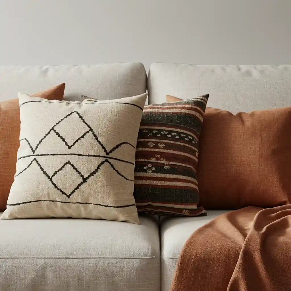 An eclectic mix of global-inspired pillows, including mudcloth and Kilim, on a neutral sofa.